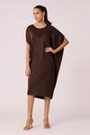 Buy_Scarlet Sage_Brown 100% Polyester Textured Pleated Round Aurelia Midi Dress _at_Aza_Fashions