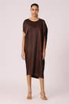 Scarlet Sage_Brown 100% Polyester Textured Pleated Round Aurelia Midi Dress _Online_at_Aza_Fashions