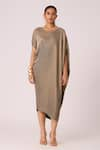 Scarlet Sage_Grey 100% Polyester Textured Pleated Round Aurelia Midi Dress _Online_at_Aza_Fashions