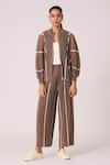 Buy_Scarlet Sage_Brown 100% Polyester Textured Pleated Closed Round Beren Jacket With Pant _at_Aza_Fashions