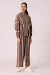 Buy_Scarlet Sage_Brown 100% Polyester Textured Pleated Closed Round Beren Jacket With Pant _Online_at_Aza_Fashions