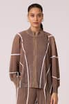 Buy_Scarlet Sage_Brown 100% Polyester Textured Pleated Closed Round Beren Jacket With Pant 