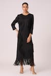 Buy_Scarlet Sage_Black 100% Polyester Textured Pleated Round Chloe Fringed Dress _at_Aza_Fashions