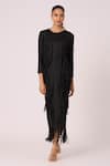 Shop_Scarlet Sage_Black 100% Polyester Textured Pleated Round Chloe Fringed Dress _Online_at_Aza_Fashions