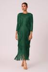 Buy_Scarlet Sage_Green 100% Polyester Textured Pleated Round Chloe Fringed Long Dress _at_Aza_Fashions