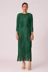 Scarlet Sage_Green 100% Polyester Textured Pleated Round Chloe Fringed Long Dress _Online_at_Aza_Fashions