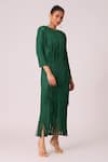 Shop_Scarlet Sage_Green 100% Polyester Textured Pleated Round Chloe Fringed Long Dress _Online_at_Aza_Fashions