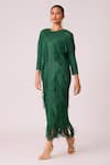 Scarlet Sage_Green 100% Polyester Textured Pleated Round Chloe Fringed Long Dress _at_Aza_Fashions