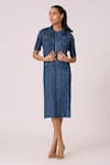 Buy_Scarlet Sage_Blue 100% Polyester Textured Pleated Dress Round Devyne Denim With Jacket _at_Aza_Fashions