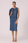 Scarlet Sage_Blue 100% Polyester Textured Pleated Dress Round Devyne Denim With Jacket _Online_at_Aza_Fashions