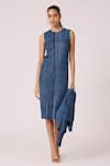 Buy_Scarlet Sage_Blue 100% Polyester Textured Pleated Dress Round Devyne Denim With Jacket _Online_at_Aza_Fashions