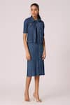 Shop_Scarlet Sage_Blue 100% Polyester Textured Pleated Dress Round Devyne Denim With Jacket _Online_at_Aza_Fashions