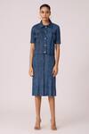 Scarlet Sage_Blue 100% Polyester Textured Pleated Dress Round Devyne Denim With Jacket _at_Aza_Fashions