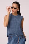 Shop_Scarlet Sage_Blue 100% Polyester Textured Stripped Round Fae Top With Pant _Online_at_Aza_Fashions