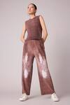 Buy_Scarlet Sage_Brown 100% Polyester Textured Stripped Round Fae Top With Pant _at_Aza_Fashions