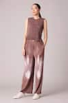 Buy_Scarlet Sage_Brown 100% Polyester Textured Stripped Round Fae Top With Pant _Online_at_Aza_Fashions