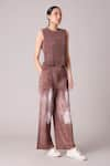 Shop_Scarlet Sage_Brown 100% Polyester Textured Stripped Round Fae Top With Pant _Online_at_Aza_Fashions