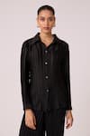 Buy_Scarlet Sage_Black 100% Polyester Textured Pleated Collar Gaby Satin Shirt _at_Aza_Fashions