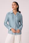 Scarlet Sage_Blue 100% Polyester Textured Pleated Collar Gaby Satin Shirt _Online_at_Aza_Fashions