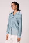 Shop_Scarlet Sage_Blue 100% Polyester Textured Pleated Collar Gaby Satin Shirt _Online_at_Aza_Fashions