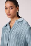 Scarlet Sage_Blue 100% Polyester Textured Pleated Collar Gaby Satin Shirt _at_Aza_Fashions