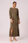 Buy_Scarlet Sage_Brown 100% Polyester 3d Pleat Round Imogen Front Slit Shift Dress _Online_at_Aza_Fashions