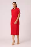 Buy_Scarlet Sage_Red 100% Polyester Cape Collared Josie Pleated Dress With _Online_at_Aza_Fashions