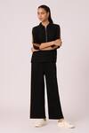 Shop_Scarlet Sage_Black 100% Polyester Collared Maude Zipper Top With Straight Pant _at_Aza_Fashions