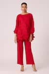 Buy_Scarlet Sage_Red 100% Polyester 3d Pleat Round Mona Detailed Top With Pant _at_Aza_Fashions