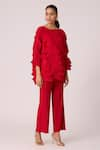 Buy_Scarlet Sage_Red 100% Polyester 3d Pleat Round Mona Detailed Top With Pant 