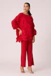 Shop_Scarlet Sage_Red 100% Polyester 3d Pleat Round Mona Detailed Top With Pant 