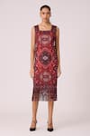 Buy_Scarlet Sage_Orange 100% Polyester Printed Geometric Square Sash Dress _Online_at_Aza_Fashions