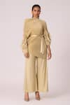 Buy_Scarlet Sage_Gold 100% Polyester Pleat Blouson Sleeve Skylar Asymmetric Top And Pant Set _at_Aza_Fashions