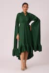 Buy_Scarlet Sage_Green 100% Polyester Tie-up Tasmina Asymmetric Cape Sleeve Dress _at_Aza_Fashions