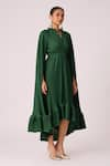 Shop_Scarlet Sage_Green 100% Polyester Tie-up Tasmina Asymmetric Cape Sleeve Dress _Online_at_Aza_Fashions