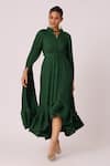 Scarlet Sage_Green 100% Polyester Tie-up Tasmina Asymmetric Cape Sleeve Dress _at_Aza_Fashions