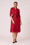 Buy_Scarlet Sage_Red 100% Polyester Notched Lapel Teresa Pleated Shirt Dress _at_Aza_Fashions