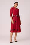 Shop_Scarlet Sage_Red 100% Polyester Notched Lapel Teresa Pleated Shirt Dress _Online_at_Aza_Fashions