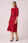 Scarlet Sage_Red 100% Polyester Notched Lapel Teresa Pleated Shirt Dress _at_Aza_Fashions