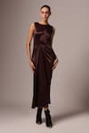 Buy_Emblaze_Brown Crepe Solid Round Ruched Dress _at_Aza_Fashions