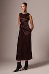 Emblaze_Brown Crepe Solid Round Ruched Dress _Online_at_Aza_Fashions