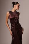 Shop_Emblaze_Brown Crepe Solid Round Ruched Dress _Online_at_Aza_Fashions