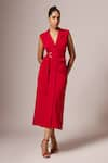 Buy_Emblaze_Red Crepe Solid Lapel Collar Straight Dress _at_Aza_Fashions