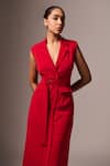 Shop_Emblaze_Red Crepe Solid Lapel Collar Straight Dress _Online_at_Aza_Fashions