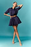 Buy_Emblaze_Blue Satin Plain Collar Shirt And Skirt Set _at_Aza_Fashions