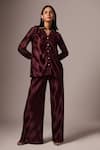 Buy_Emblaze_Wine Satin Embellished Stone Collar Pleated Shirt And Pant Set _at_Aza_Fashions