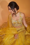 Shop_Gopi Vaid_Yellow Organza Embellished Floral Round Neck Ishika Jaal Lehenga Set _Online_at_Aza_Fashions