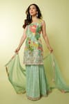 Buy_Gopi Vaid_Green Kurta Chiffon Embroidery Floral Round Sofina Bloom Print Sharara Set _at_Aza_Fashions