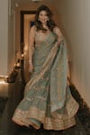 Buy_Gopi Vaid_Green Saree Organza Print Floral Sweetheart Neck Mahira With Blouse _Online_at_Aza_Fashions