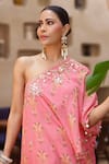 Gopi Vaid_Pink Cotton Silk Print Floral Bloom One Shoulder Top With Flared Pant _Online_at_Aza_Fashions